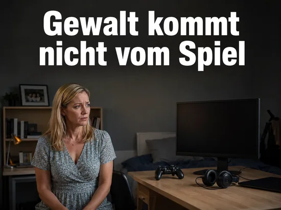 Besorgte Mutter im Jugendzimmer neben Monitor und Gamepad, Schriftzug Gewalt kommt nicht vom Spiel