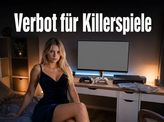 Frau in einem Zimmer mit Spielkonsole, Controllern und leerem Bildschirm