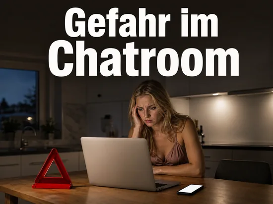 Besorgte Frau am Laptop mit rotem Warndreieck in der Kueche, Schriftzug Gefahr im Chatroom
