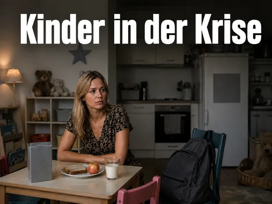 Frau sitzt an einem Kuechentisch mit einem einfachen Essen und einem Schulranzen