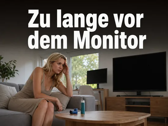 Frau auf dem Sofa vor Fernseher mit Asthmaspray auf dem Tisch, Schriftzug Zu lange vor dem Monitor