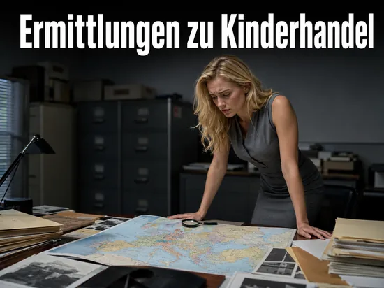 Frau an einem Ermittlertisch mit Europakarte und Akten: Ermittlungen zu Kinderhandel