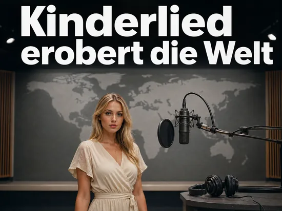 Tonstudio mit Mikrofon und Kopfhoerern vor einer grauen Weltkarte