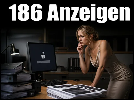 Frau im Ermittlungsbuero vor einem Bildschirm mit Passwortabfrage und Aktenordnern: Anzeige gegen 186 Mitglieder eines Rings