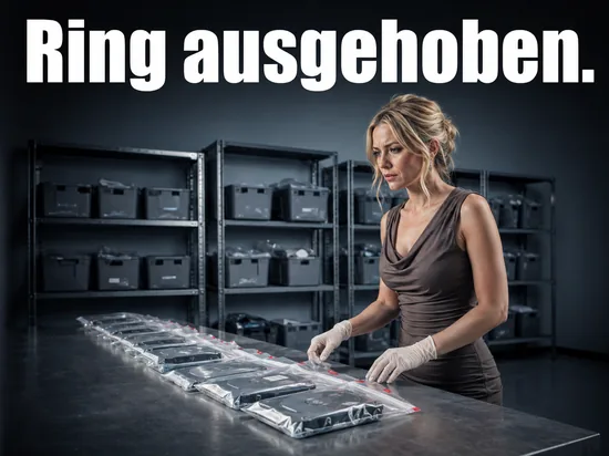 Frau mit Handschuhen an einem Labortisch mit beschlagnahmten Festplatten in Beweistueten: Ermittler heben einen Verbund im Internet aus