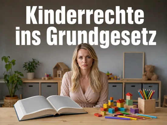 Frau sitzt an einem Tisch mit einem Gesetzbuch neben Holzbausteinen und Buntstiften