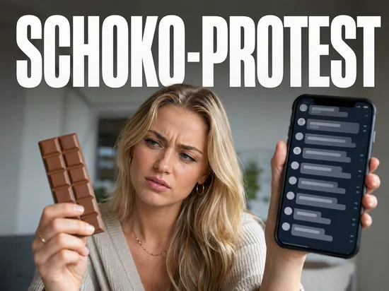 Skeptische blonde Frau mit einer Tafel Milchschokolade und Smartphone mit Online-Kommentaren, Symbolbild Protestwelle im Netz gegen neues Verpackungsdesign