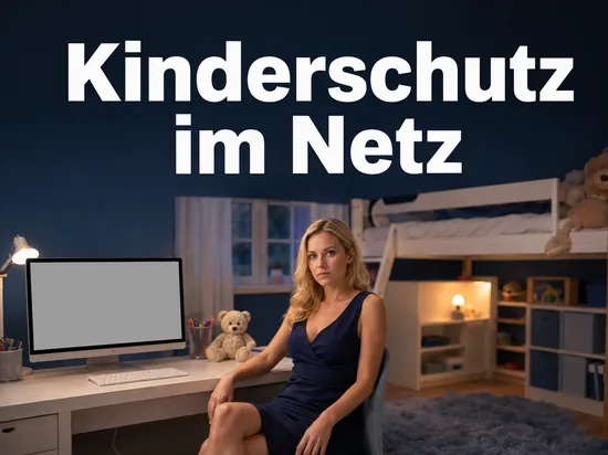 Frau sitzt in einem Kinderzimmer an einem Schreibtisch mit Computer