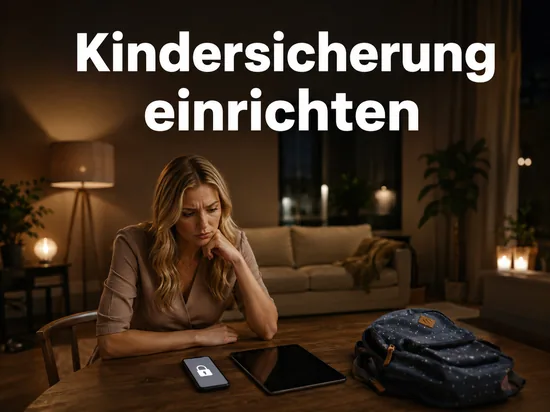 Frau am Wohnzimmertisch mit Smartphone, Tablet und Kinderrucksack: Kindersicherung fuer Kinder im Netz einrichten