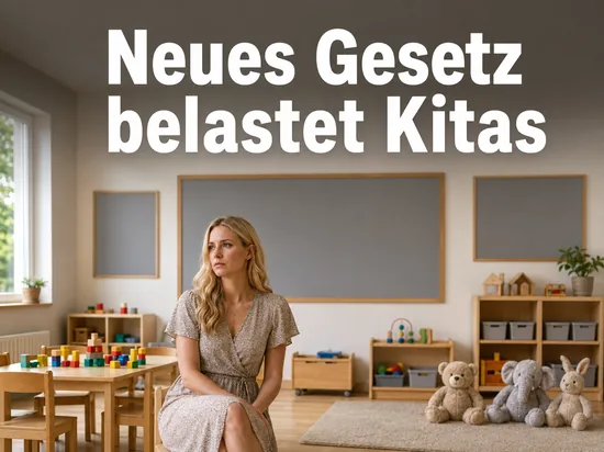 Erzieherin in einem leeren Kita-Gruppenraum mit Spielzeug