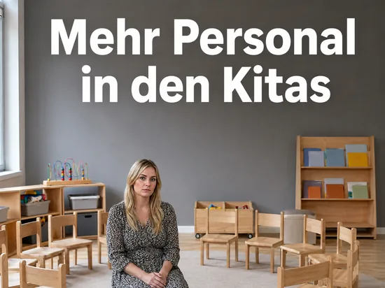 Erzieherin zwischen leeren Kinderstühlen in einem Kita-Gruppenraum