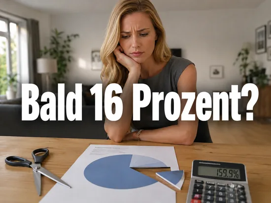 Lohnabrechnung mit abgeschnittenem Tortendiagramm-Segment, Schere und Taschenrechner mit hoher Prozentanzeige, davor eine Frau