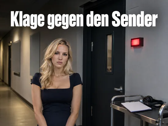 Frau steht im Gang vor einer Studiotür mit roter Signalleuchte