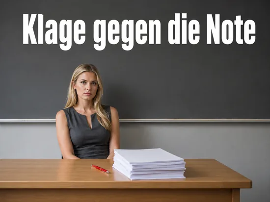 Lehrerin am Pult mit einem Stapel Klassenarbeiten vor einer Tafel