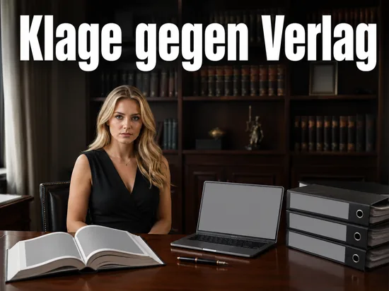 Anwaltsbuero mit aufgeschlagenem Gesetzbuch, Aktenordnern und Laptop