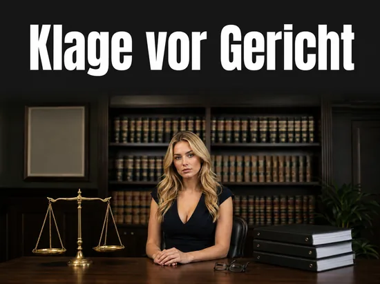 Anwaltsbuero mit Messingwaage, Aktenordnern und Gesetzbuechern