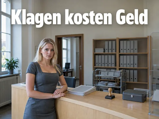 Frau am Empfangstresen einer Rechtsantragstelle mit Formularstapeln und Geldkassette