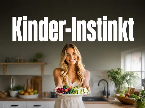 Junge blonde Frau bietet laechelnd einen Teller mit gesundem Essen an als Symbol fuer gesunde Kinderernaehrung