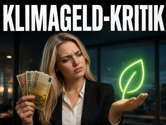 Skeptische blonde Frau mit Euro und Klima-Symbol, Symbolbild Kritik am Klimageld