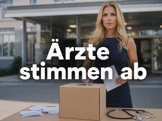 Wahlurne mit Stimmzetteln und Stethoskop vor einem Klinikgebaeude, davor eine Frau mit Stimmzettel in der Hand