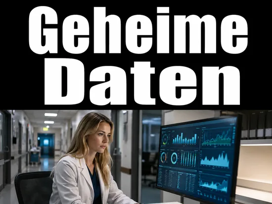 Junge blonde Frau im Arztkittel blickt ernst auf Klinikdaten und Statistiken auf einem Bildschirm