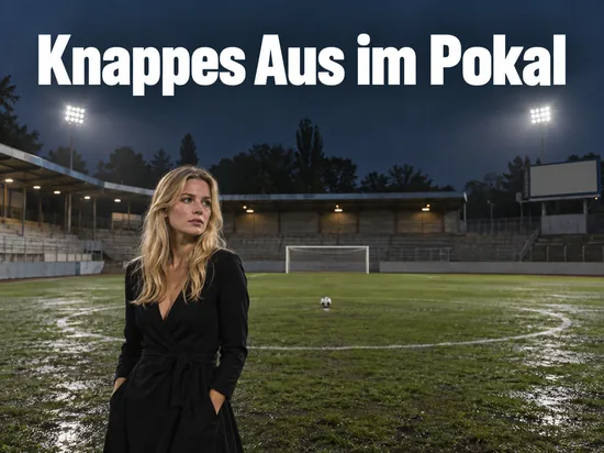 Frau im Kleid steht abends auf dem nassen Rasen eines kleinen Stadions mit Flutlicht