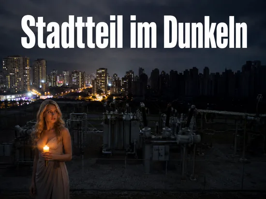 Umspannwerk mit Transformatoren vor einer teils dunklen naechtlichen Skyline, davor eine Frau mit Kerze