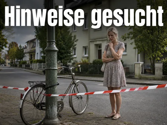 Frau an einem abgesperrten Fahrrad in einer Wohnstrasse: Polizei sucht Hinweise zu einem Mann mit Rad