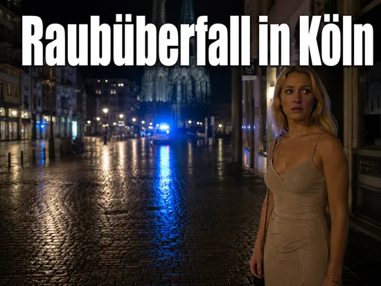 Frau in einer naechtlichen Innenstadt mit Blaulicht im Hintergrund: Raubueberfall in Koeln
