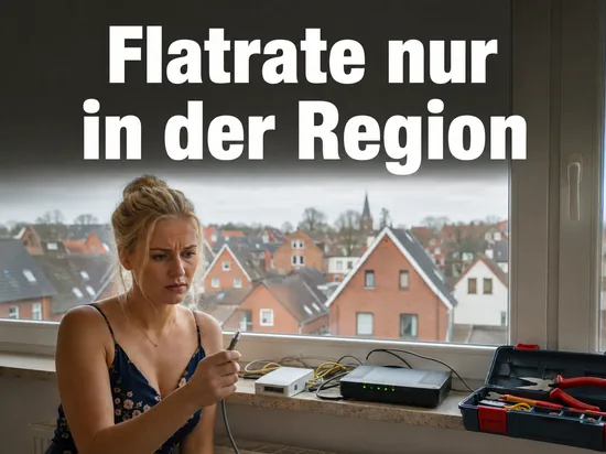 Frau am Fenster mit DSL-Splitter und Router vor norddeutscher Stadt, Schriftzug Flatrate nur in der Region