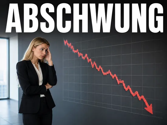 Sehr besorgte blonde Geschaeftsfrau vor stark fallendem rotem Konjunkturdiagramm, Symbolbild Angst vor Wirtschaftsabschwung und Konjunktureinbruch