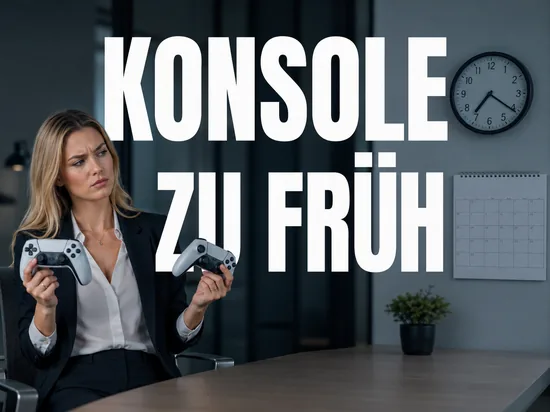 Kritik an zu früher neuer Spielkonsole, Geschäftsfrau mit zwei Controllern vor Kalender und Uhr