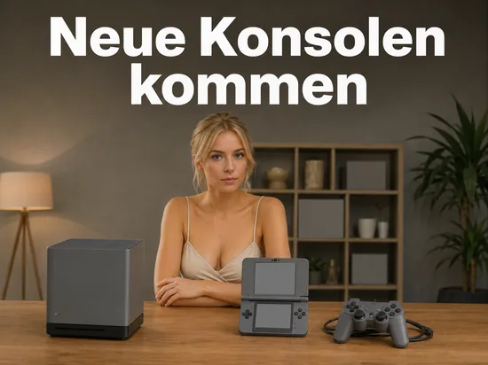 Blonde Frau an einem Tisch mit würfelförmiger Spielkonsole, einem aufgeklappten Handheld und einem Controller