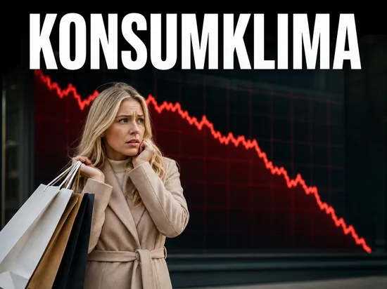 Besorgte blonde Frau mit Einkaufstaschen vor fallendem rotem Kursdiagramm, Symbolbild Einbruch des deutschen Konsumklimas