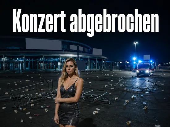 Leerer Vorplatz einer Konzerthalle mit umgestuerzten Absperrgittern bei Nacht