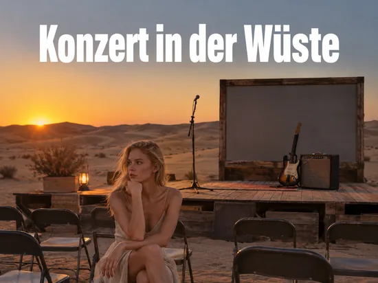 Frau im Kleid sitzt vor einer einfachen Buehne in der Wueste, daneben Gitarre und Verstaerker