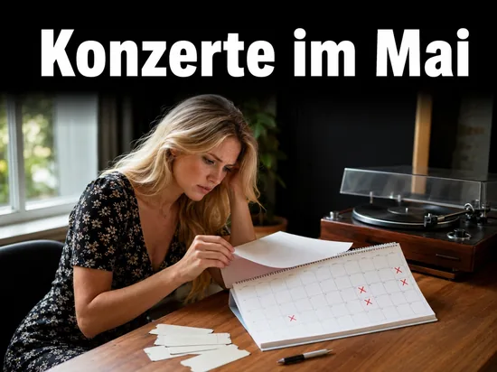 Frau blaettert im Wandkalender neben Eintrittskarten und Plattenspieler, Schriftzug Konzerte im Mai