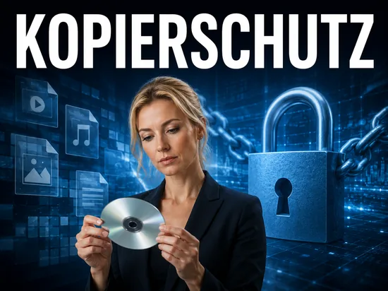 Große Firmen entwickeln gemeinsamen Kopierschutz, Geschäftsfrau mit Disc vor digitalen Medien, Schloss und Kette