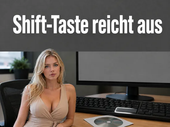 Frau am Schreibtisch mit Tastatur, hervorgehobener Umschalttaste und einer CD