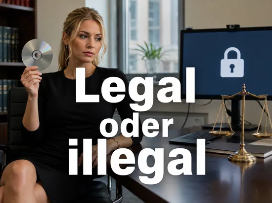 Geschaeftsfrau mit silberner Disc neben einer Justitia-Waage und einem Monitor mit Vorhaengeschloss als Symbol fuer die Rechtslage bei Kopierschutz-Software