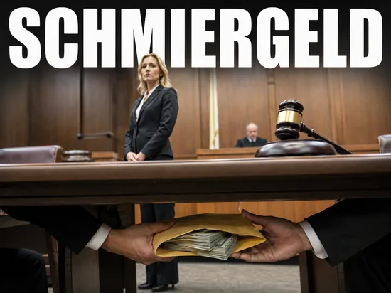 Korruptionsprozess wegen Bestechung, Geschäftsfrau vor Gericht, unter dem Tisch wird ein Umschlag voller Geldscheine übergeben