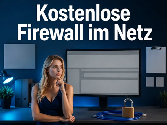 Monitor mit leerer Firewall-Oberflaeche, Netzwerkkabel und Vorhaengeschloss als Symbol fuer eine kostenlose Firewall