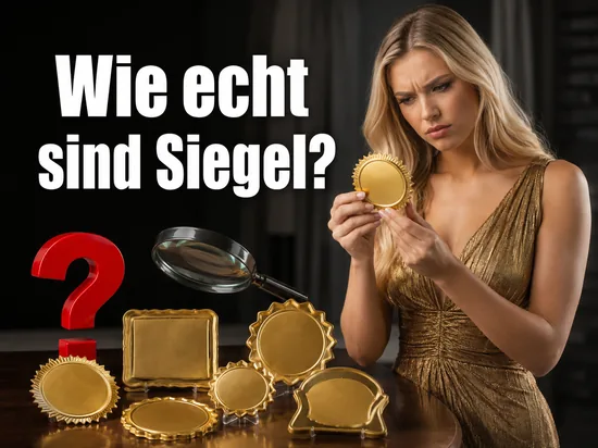 Mehrere goldene Guetesiegel und Plaketten mit einer Lupe und rotem Fragezeichen, davor eine Frau die ein Siegel prueft