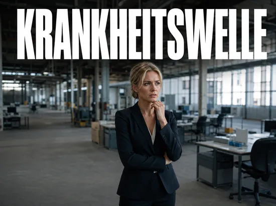Besorgte blonde Geschaeftsfrau in leerer Fabrikhalle mit ungenutzten Arbeitsplaetzen, Symbolbild Krankheitswelle in der deutschen Wirtschaft