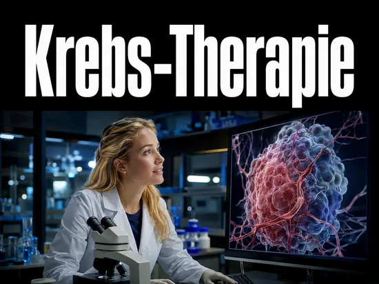 Junge blonde Wissenschaftlerin blickt hoffnungsvoll auf eine Darstellung von Tumor und Blutgefaessen als Symbol fuer eine neue Krebstherapie