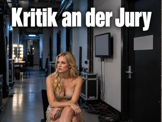 Frau im Backstage-Gang eines Fernsehstudios neben Garderobentueren