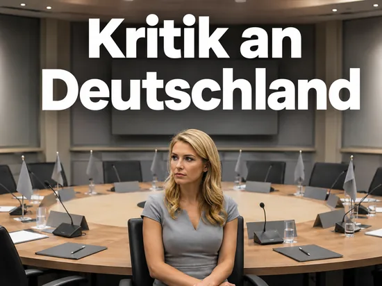 Frau sitzt an einem runden Verhandlungstisch mit Tischfaehnchen und Mikrofonen