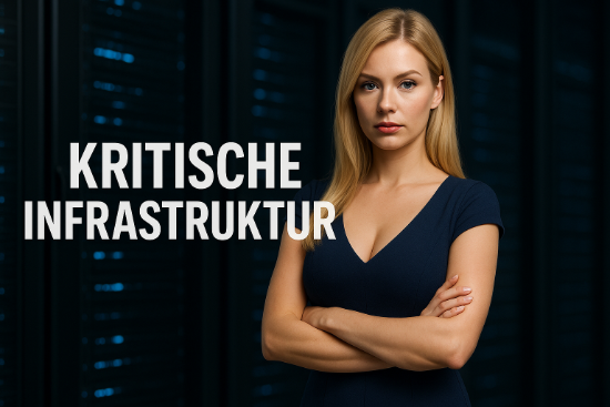 Ernst blickende blonde Frau mit verschränkten Armen vor Serverracks, Schriftzug „Kritische Infrastruktur“ – Symbolbild für IT-Sicherheit und Memory Safety.