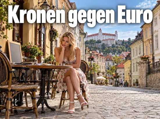 Frau sitzt in einer Altstadtgasse in Bratislava an einem Cafétisch mit Euromünzen, im Hintergrund die Burg