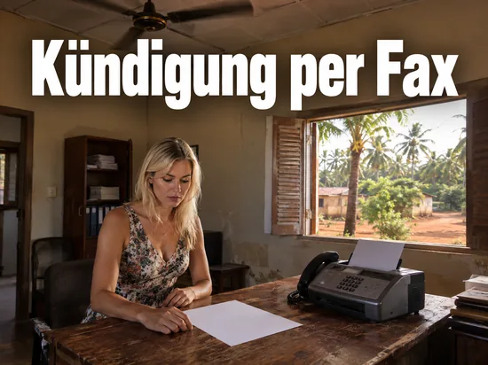 Frau sitzt an einem Holztisch neben einem Faxgerät, draußen Palmen